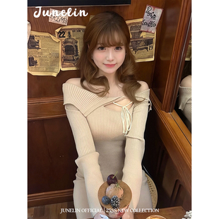 六月林 温柔性感纯欲风一字肩翻领设计感针织连衣裙 韩国博主同款