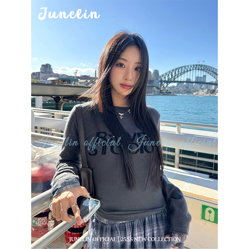 六月林 韩国博主同款深灰色针织衫字母印花圆领潮流宽松百搭上衣