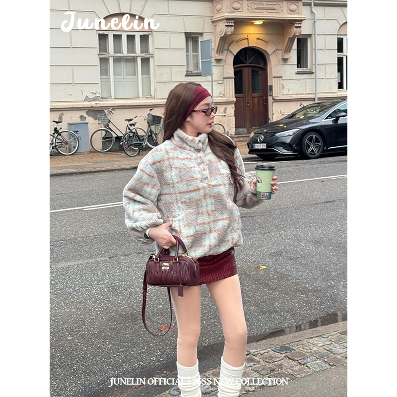 六月林 韩国博主同款复古时尚潮流撞色格子桃心口袋摇粒绒外套女,女装/女士精品,常规大码外套,淘宝优惠券,粉丝福利购,淘宝优惠卷