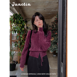 六月林 韩版秋冬时尚葡萄紫毛茸茸开衫收腰系带外套显白小众chic