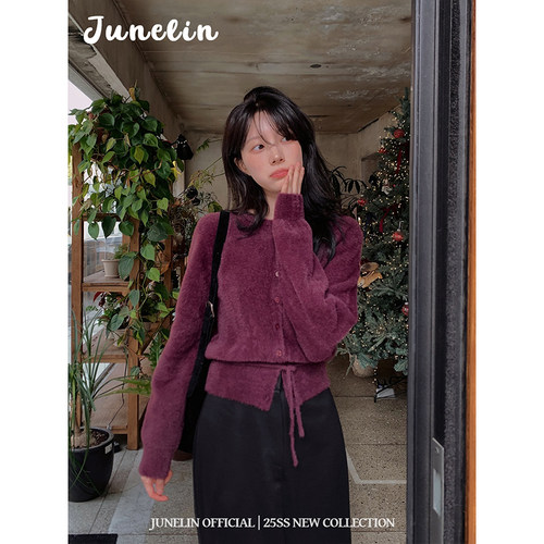 六月林 韩版秋冬时尚葡萄紫毛茸茸开衫收腰系带外套显白小众chic