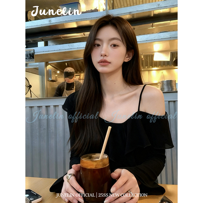 六月林 韩版性感纯欲辣妹日常通勤风黑色木耳边领露肩上衣设计感