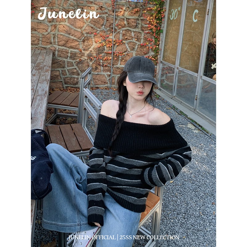 六月林 韩系复古日常通勤针织条纹一字肩上衣小众慵懒风百搭气质