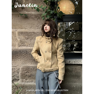 六月林 法式复古羊毛呢双排扣夹克外套立领短款简约高级感小众女