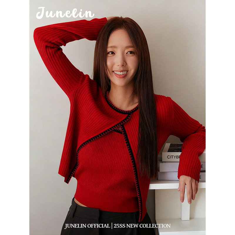 六月林 韩版氛围感针织开衫背心叠穿两件套设计感独特小众百搭女