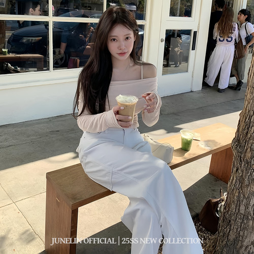 六月林 韩国博主同款纯欲辣妹风一字肩粉色甜美修身女长袖上衣