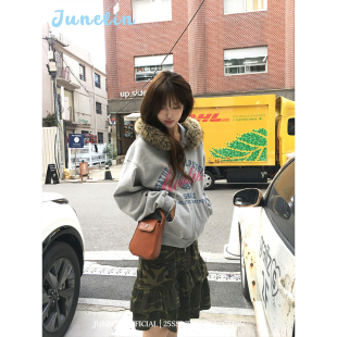 六月林 潮流连帽毛领字母卫衣外套宽松慵懒风百搭ins 韩国博主同款