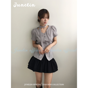 六月林 韩国博主同款复古设计感气质小众飘带单排扣上衣短袖衬衫