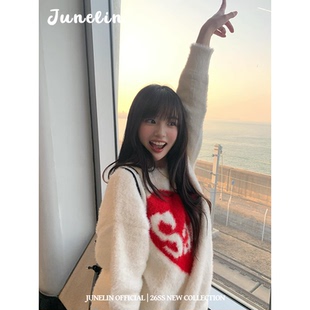 六月林 韩国博主同款仿貂绒爱心提花毛衣上衣软糯俏皮宽松保暖