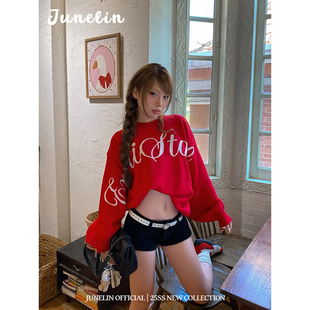 圣诞氛围感红色字母针织毛衣潮流女 休闲性感辣妹时尚 六月林 美式