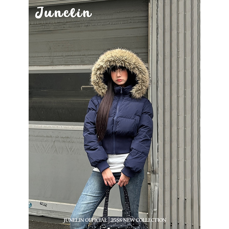 六月林 韩系简约时髦洋气松弛慵懒风收腰短款毛领连帽羽绒服百搭