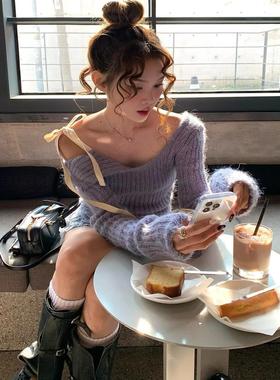 六月林 2025新款韩国不对称设计一字领单肩系带毛衣修身针织衫女