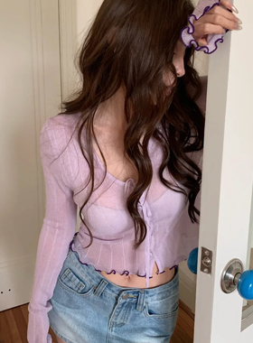 六月林 韩国博主同款木耳花边撞色系带设计感短款开衫紫色上衣女