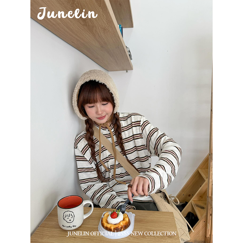 六月林 韩系日常休闲半开领条纹针织上衣百搭宽松小个子显瘦松弛