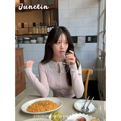 六月林 韩版粉白针织衫假两件领口系带甜美百搭小众上衣修身长袖