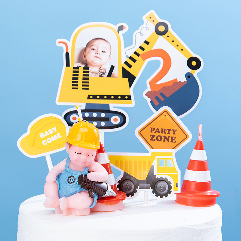 派对甜品台纸杯蛋糕装饰插旗插牌挖掘机帽子生日小插卡工程套装