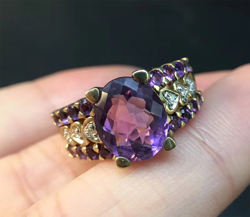欧洲回流古董戒指9k黄金天然刻面紫水晶钻石二月生辰石紫色半宝石