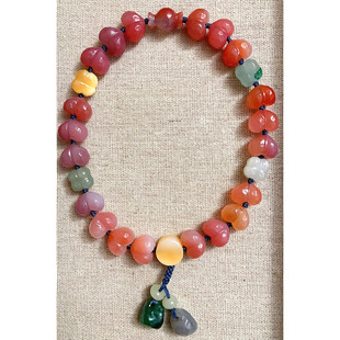 原创手持和田玉渐变点工圆珠缅黄南红葫芦猫咪屁桃多宝大肠珠手串