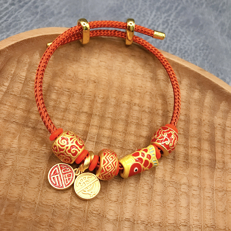 古法沙金红色锦鲤手串祥云纹散珠