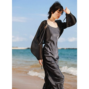 新款 内搭缎面雪纺吊带裙长裙子 复古抽绳绑带显瘦连衣裙女2023春季