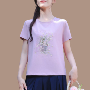 纯棉绣花短袖t恤女夏装优雅气质正肩上衣精致凉感显瘦大码体恤衫