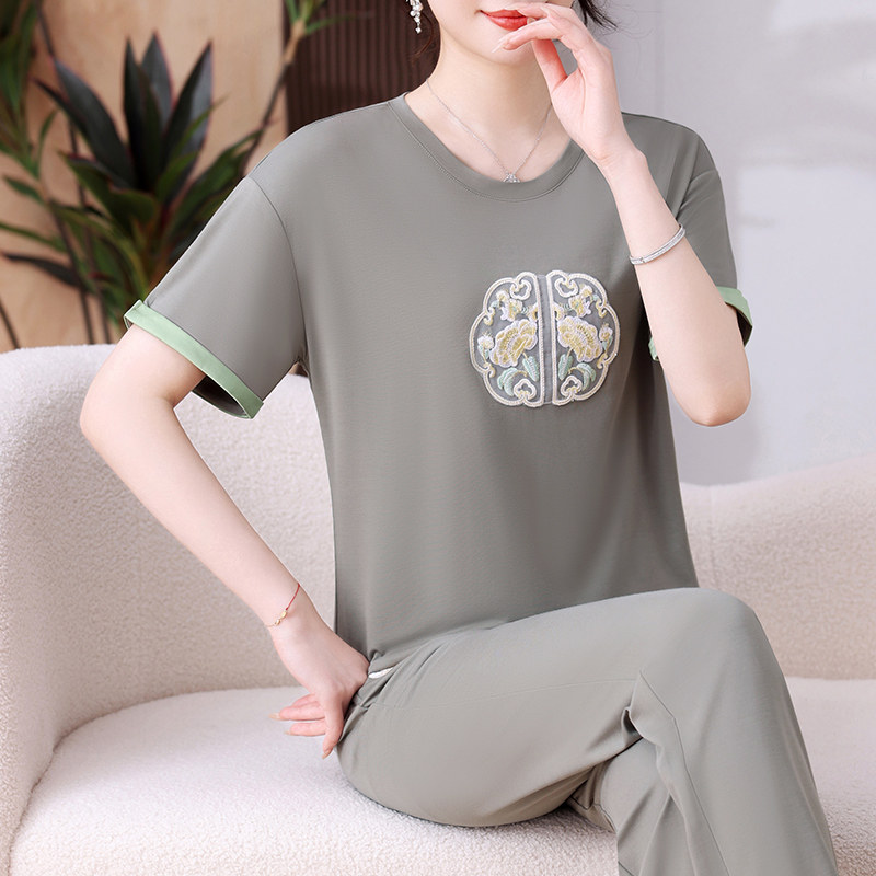 运动服套装女夏装妈妈新中式国风时尚洋气短袖卫衣冰丝休闲两件套