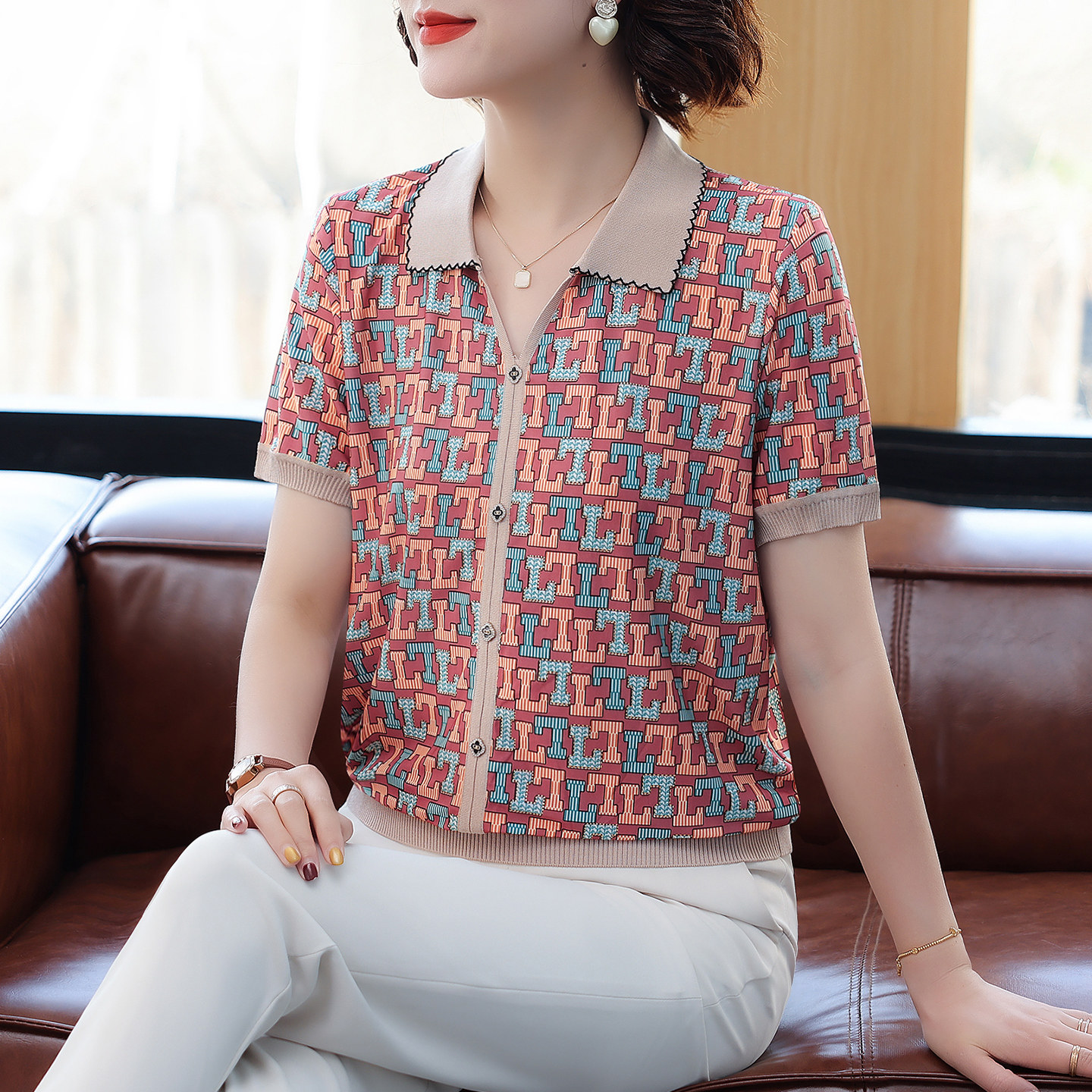 妈妈夏装2026新款洋气短袖套装50岁中年妇女冰丝上衣老年人T恤衫