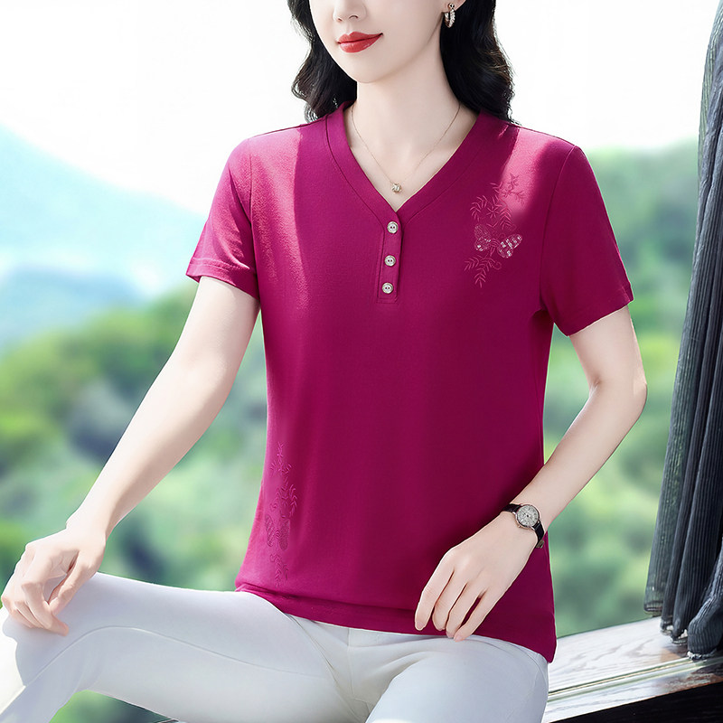 妈妈纯棉刺绣短袖T恤衫2026新款夏季中年女装宽松V领洋气半袖上衣