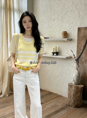 夏季新款韩版拼色条纹圆领针织背心女简约休闲宽松百搭无袖上衣