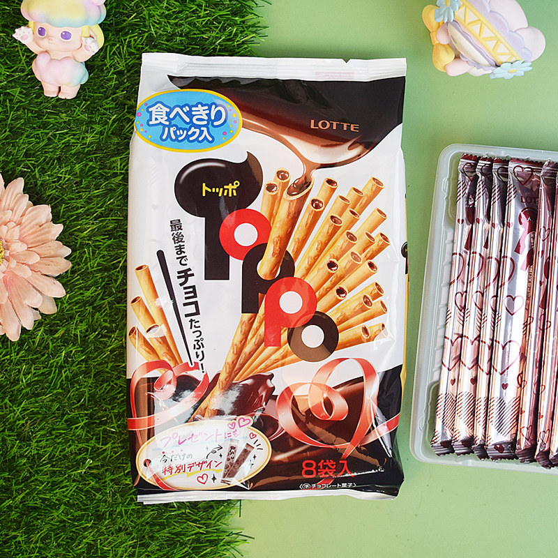 日本进口零食Lotte乐天TOPPO巧克力味夹心饼干棒注心酱手指饼袋装