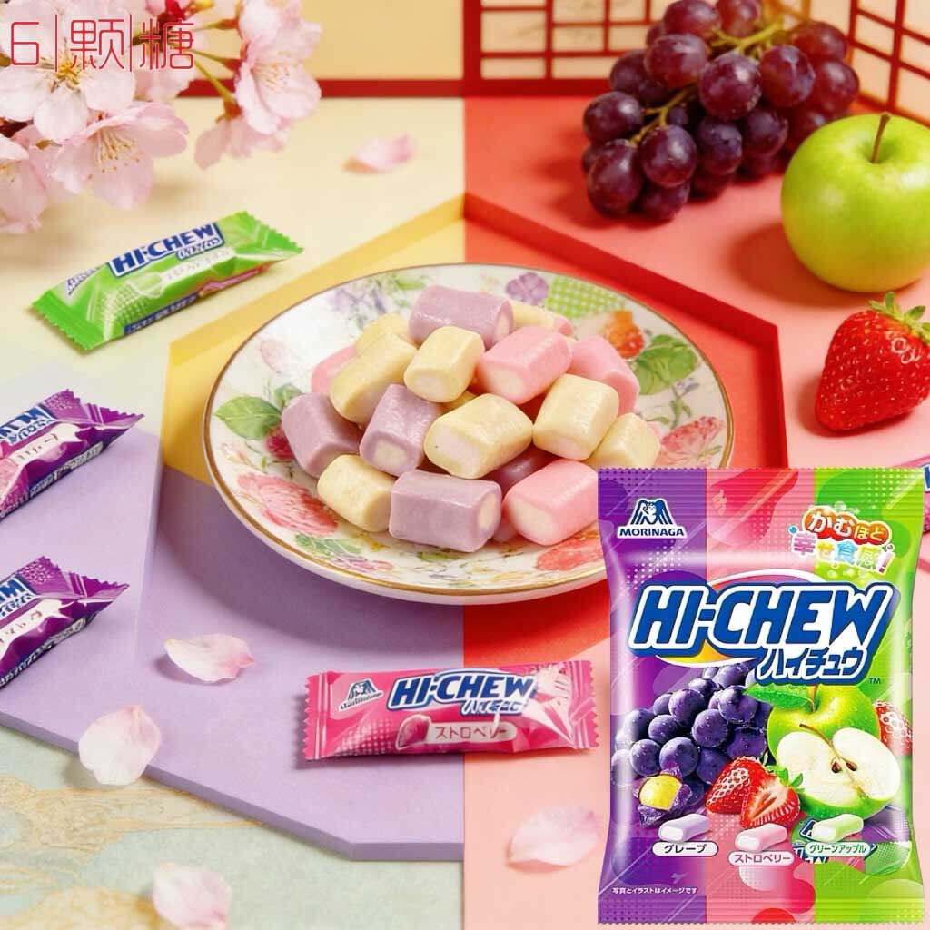 日本进口零食HICHEW森永嗨秋葡萄草莓苹果奶糖混合水果汁夹心软糖