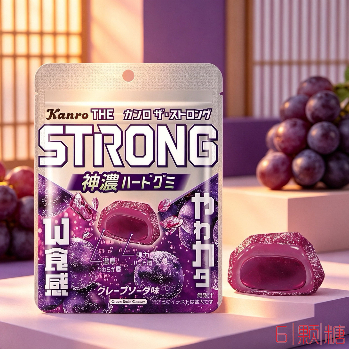 日本限定软糖kanro甘乐STRONG神浓双层汽水葡萄味酸沙爆浆橡皮糖