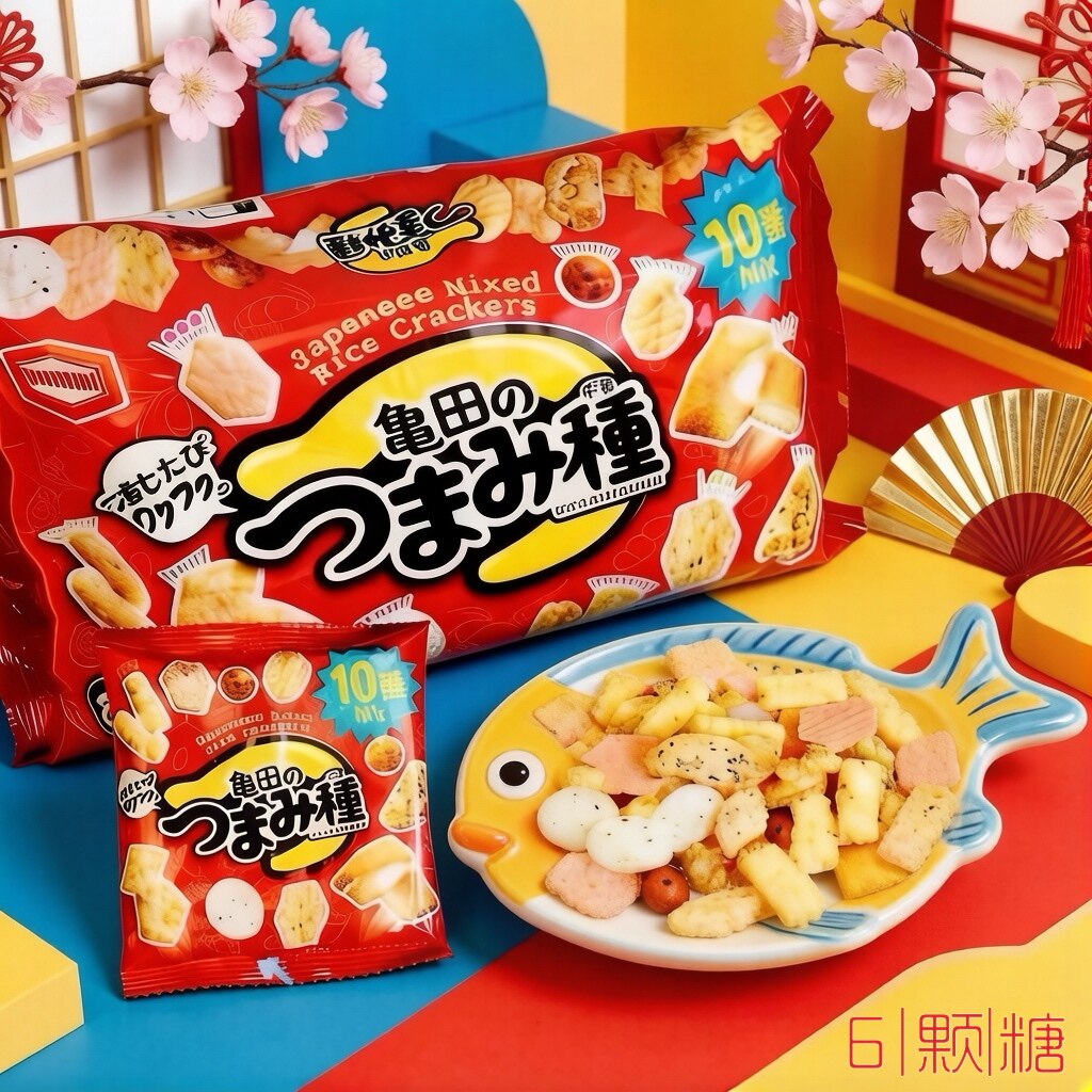 龟田制果日本进口什锦10种类混合鱼皮豆芝士米果仙贝膨化食品零食