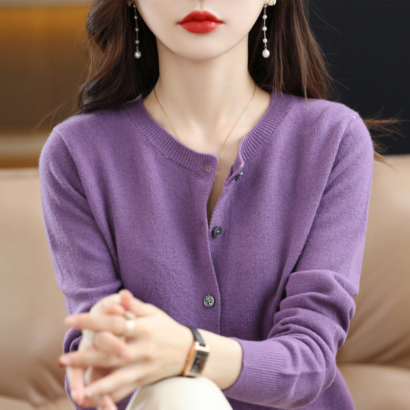 2026新款针织开衫早春圆领毛衣女长袖纯色百搭外套女装一件代发