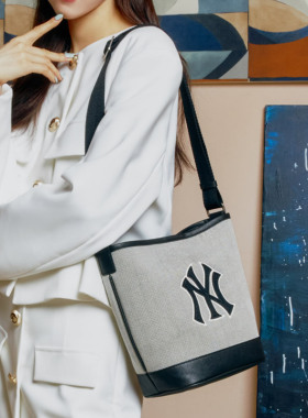 韩国mlb正品水桶包帆布斜挎大容量百搭休闲黑色NY刺绣单肩包BMS07