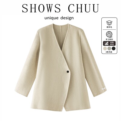 【大欢欢专享】2025秋冬新款女法式羊毛大衣单粒扣不规则88023