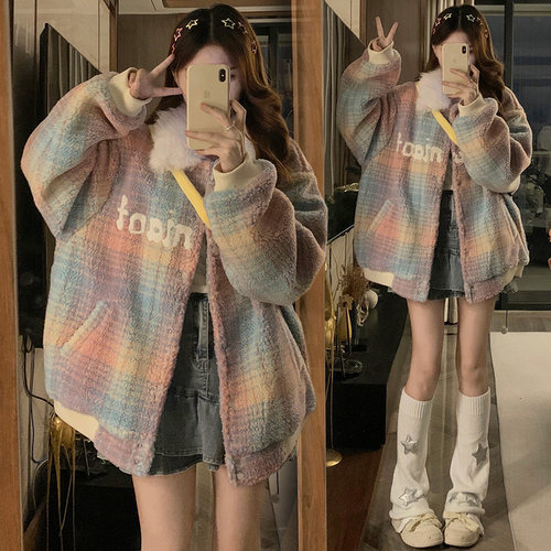 棉服女秋冬外套保暖小众设计感彩色拼接宽松