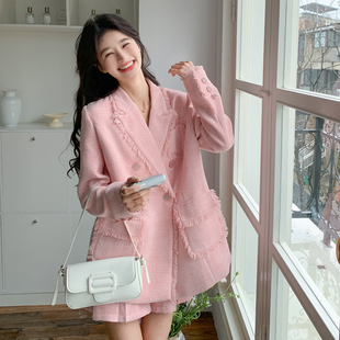粉色盐甜系穿搭时尚小香风西装套装女春新款休闲显瘦小个子两件套