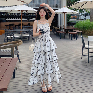 P135 6058 K199 首发晕染水墨画花朵蛋糕吊带连衣裙2C119 现货新款