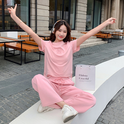 粉色休闲运动套装女夏季2024新款圆领短袖2C087-689P140K209