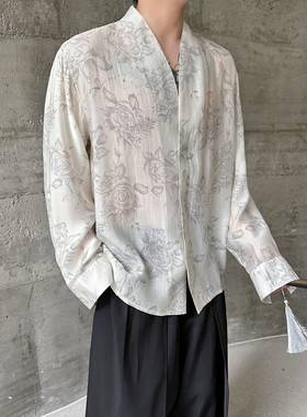新复古花卉图案V领长袖衬衫休闲百搭中式国风上衣A452--H146--P85