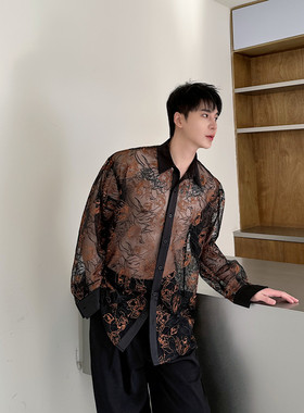 新款重工蕾丝织花透视上衣个性潮流宽松长袖衬衫A452--H148--P105