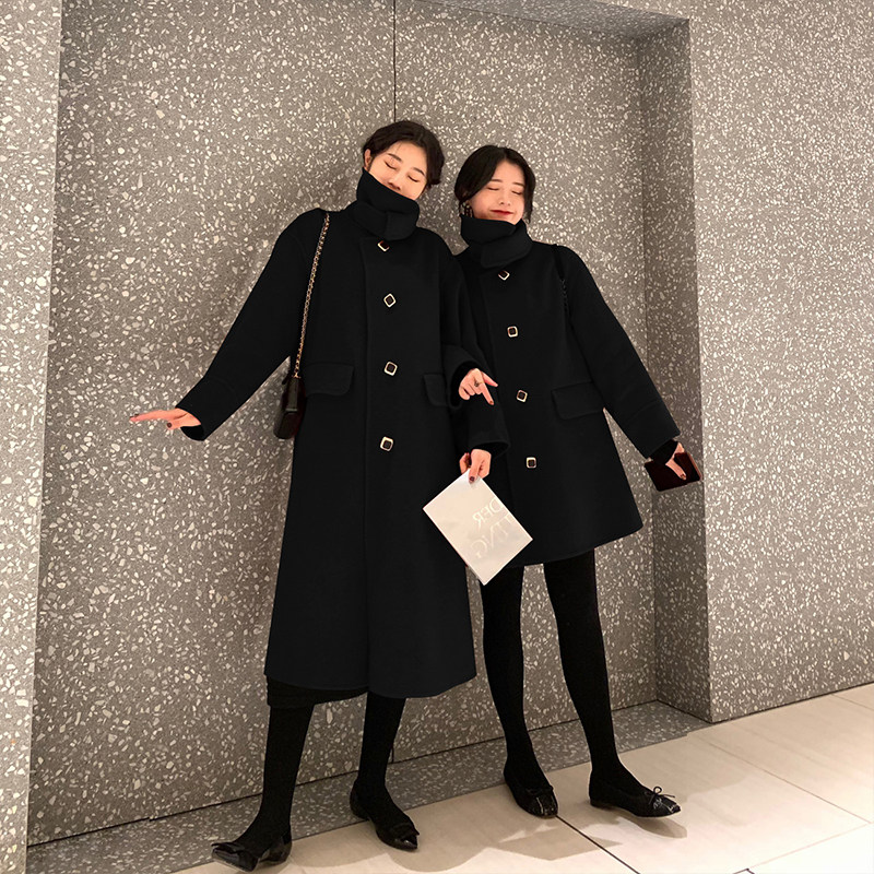 黑色毛呢外套女2023秋冬季法式小个子中长款修身双面羊毛呢子