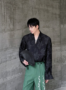 新款V领印花休闲长袖衬衫复古气质上衣潮A452--H146--P85