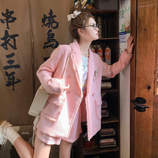 兩件套爆款 小香風(fēng)粉色西裝 套裝 女開春2025超火學(xué)院風(fēng)減齡休閑短褲