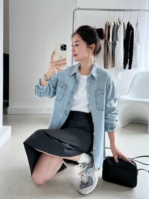 浅蓝色土耳其棉长袖宽松牛仔衬衫