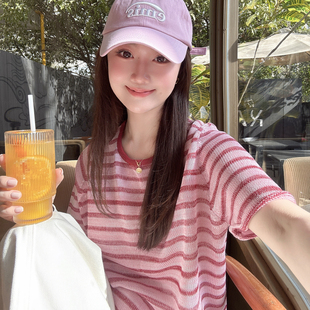 显白条纹棉麻复古针织短袖 曹大曼 T恤女宽松显瘦休闲百搭圆领上衣