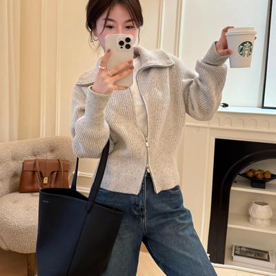 真丝羊毛双拉链毛衣秋冬针织开衫
