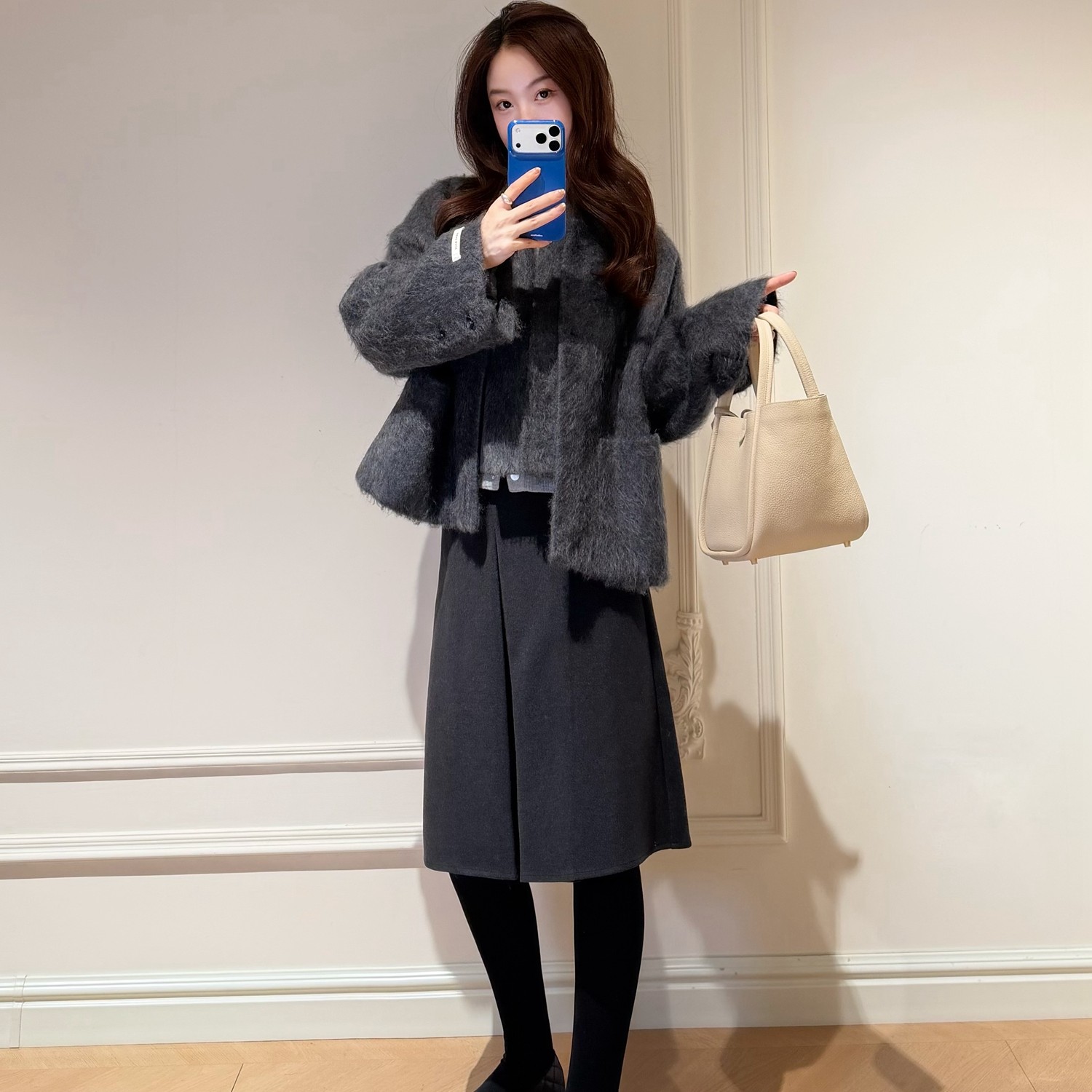 皮草拉毛慵懒风围巾毛呢外套短款