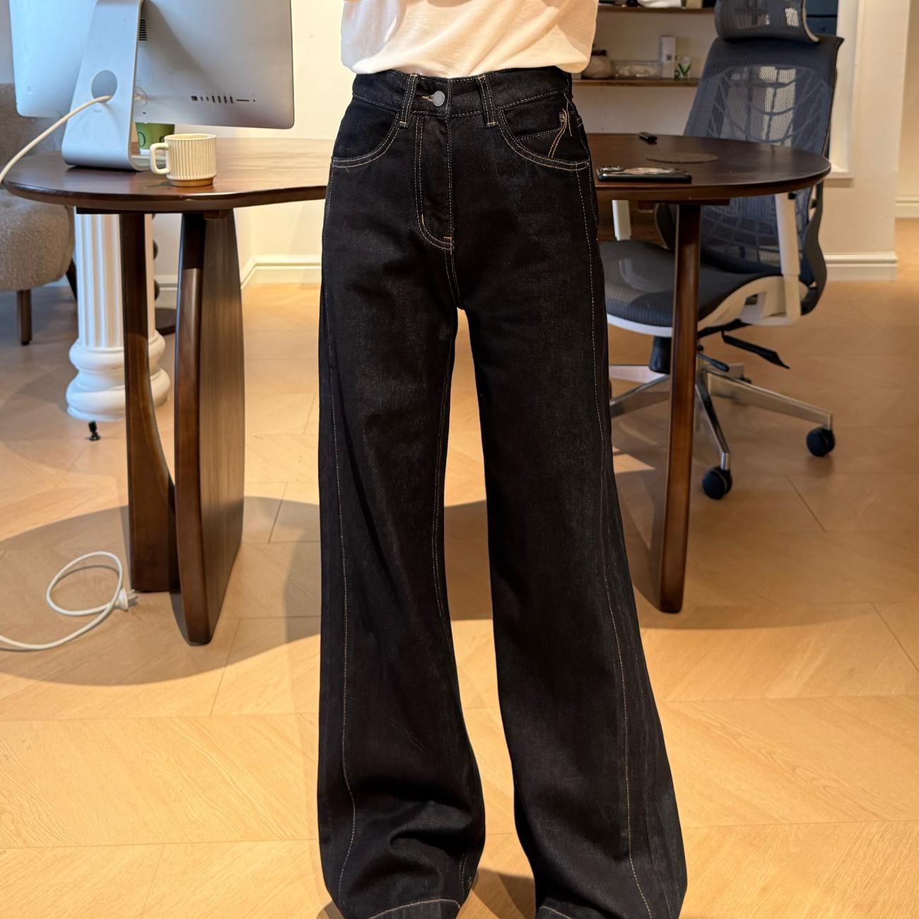 加厚深蓝色修腿微喇阔腿牛仔裤冬